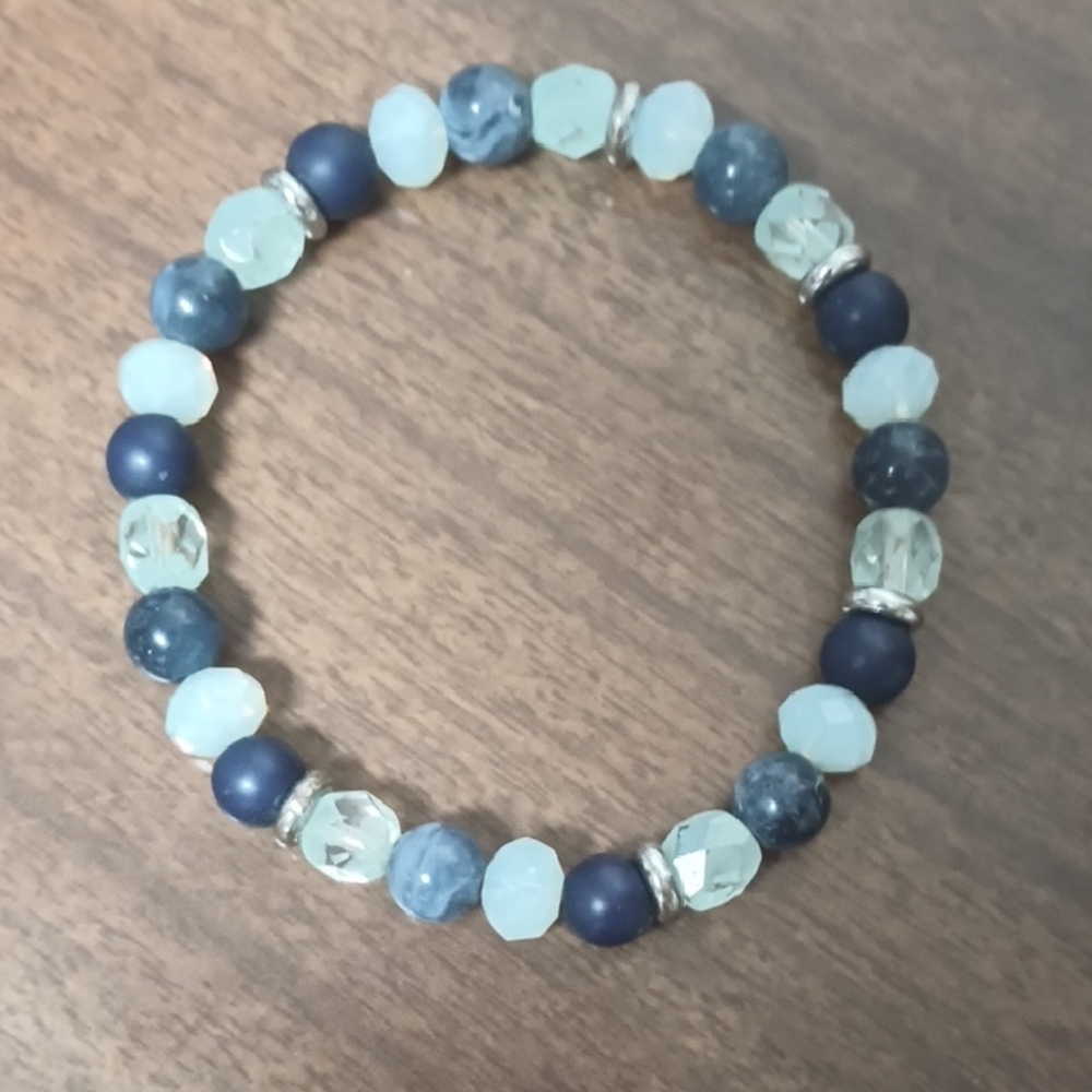 Blue and Silver Beaded Stretch Bracelet